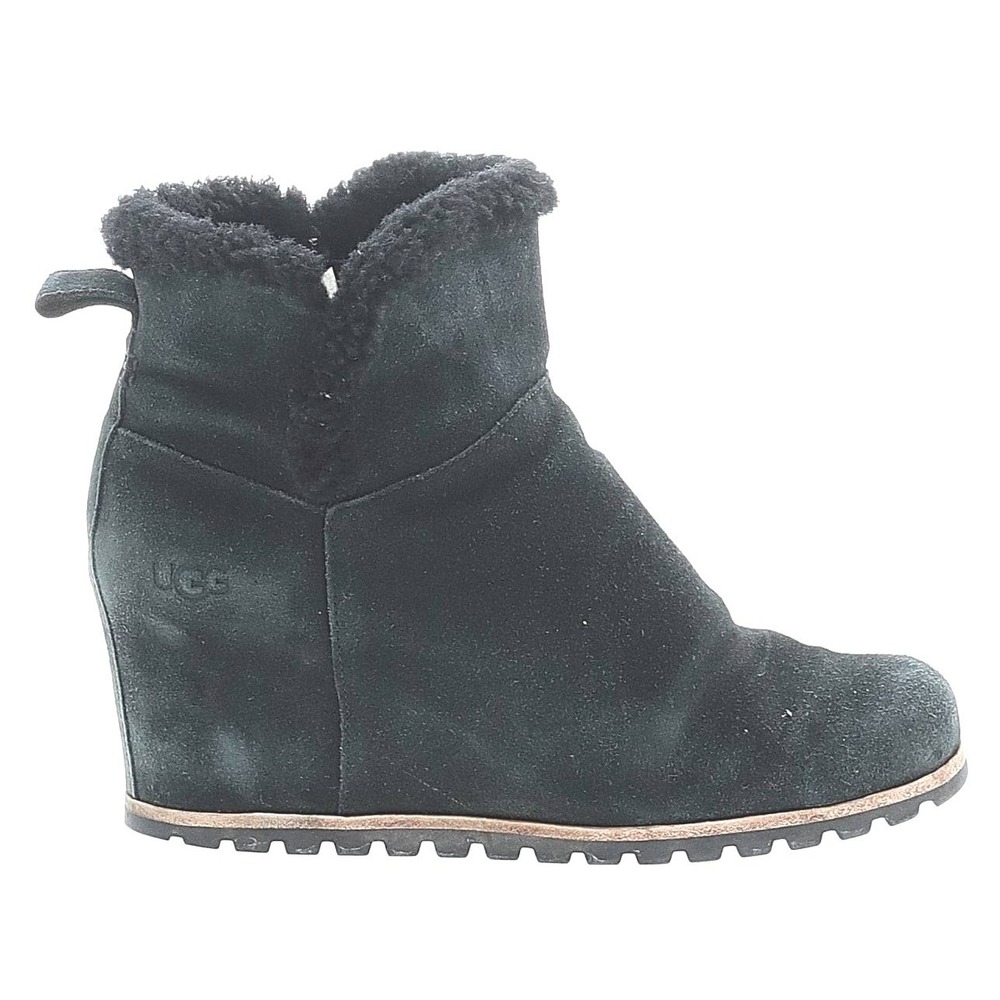 UGG Black Suede Hidden Wedge Boots Womens Size 10 Faux Fur Sherpa Ankle Bootie